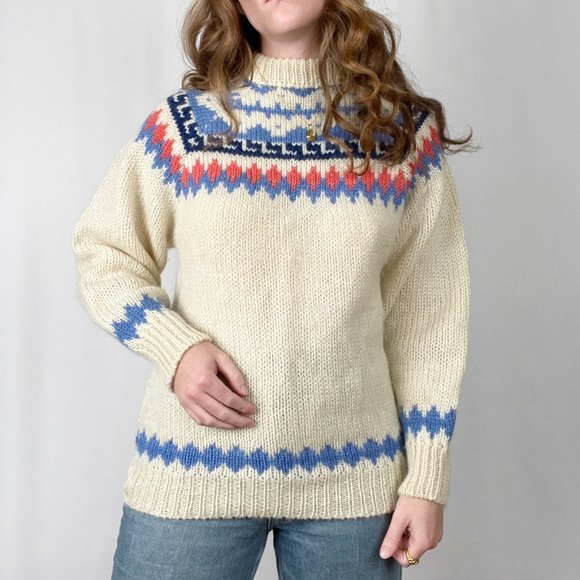Vintage Fair Isle 100% Wool Hand Knit Oversized Chunky Crew Neck Nordic Sweater - Picture 2 of 8
